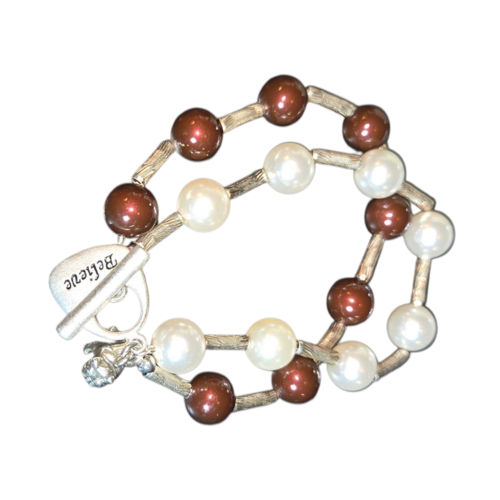 "Believe" Sterling Silver Red & White Beaded‎ English Bulldog Charm Bracelet 7"